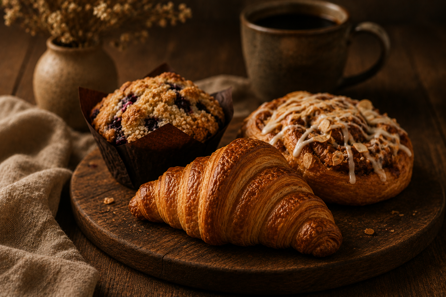 Fresh pastries on a wooden board