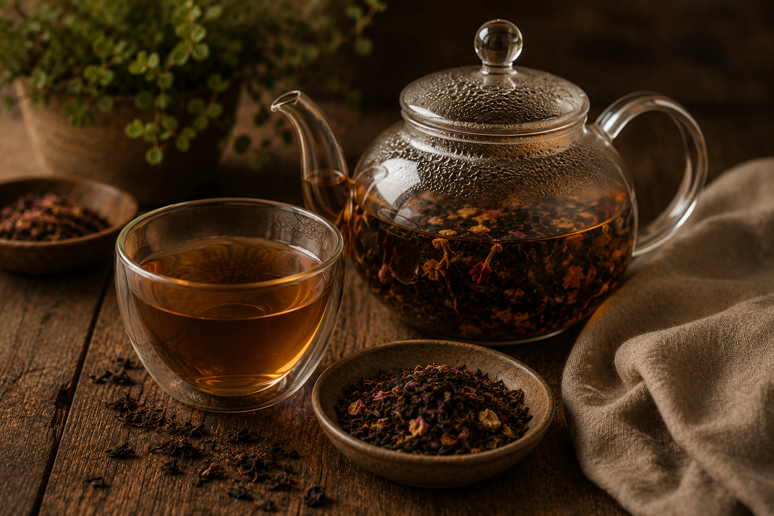 Loose leaf tea in a glass teapot